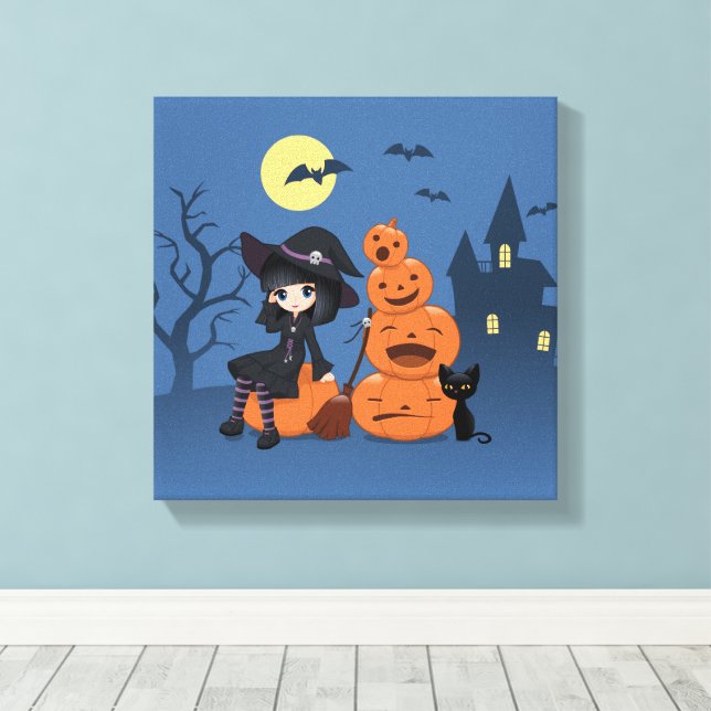 Toile Halloween Witch, Chat noir et Citrouille (Insitu (Plancher de Bois))