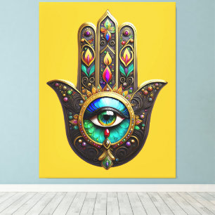 Toile Hamsa Brun Coloré Troisième Oeil Arc-en-Ciel