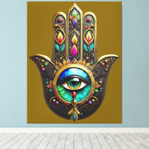 Toile Hamsa Brun Coloré Troisième Oeil Arc-en-ciel
