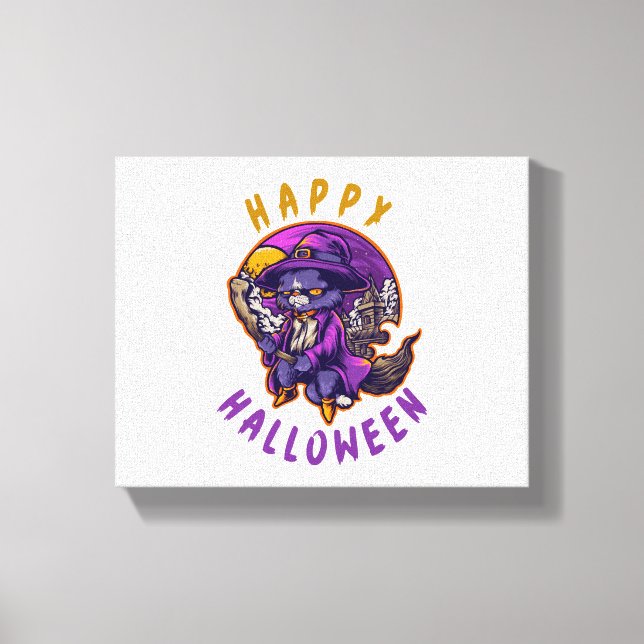 Toile Happy Halloween Chat sorcier Halloween (Recto)