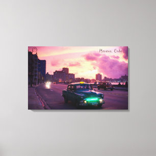Toile Havana Cuba au coucher du soleil avec des véhicule