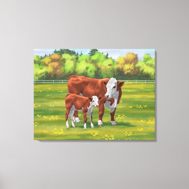 Toile Hereford Cow & Cute Calf dans les pâturages d'été (Recto)