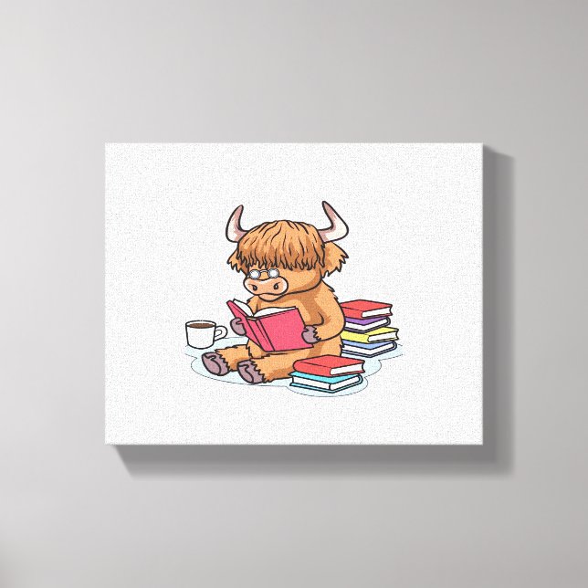 Toile Highland Cattle Cow Lire les livres Boire Café Cla (Recto)