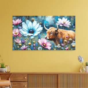 Toile Highland Cow Floral Coloré Cosmos Tapestry II
