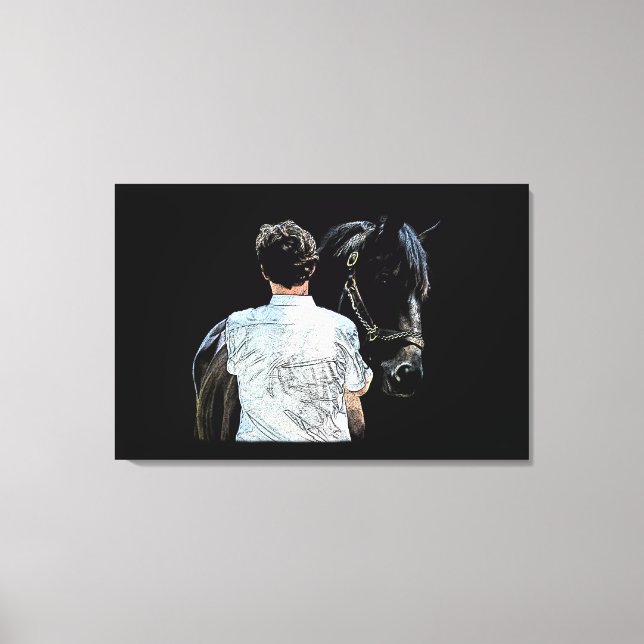 Toile Homme tenant Cheval Dark Stretched Canvas Imprimer (Recto)