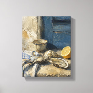 Toile Huîtres au volet bleu méditerranéen nature morte