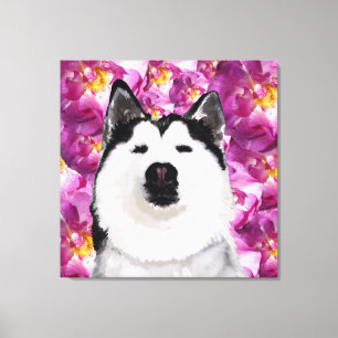 Toile Husky Chien et Rose Single Wall Art