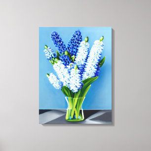 Toile Hyacinthes blancs dans un vase en verre sur bleu