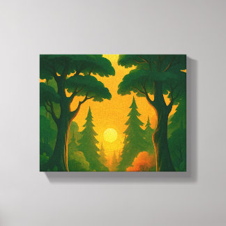 Toile Illustration de forêt au coucher de soleil vibrant