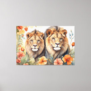 Toile Imprimer Lion majestueux et aquarelle florale