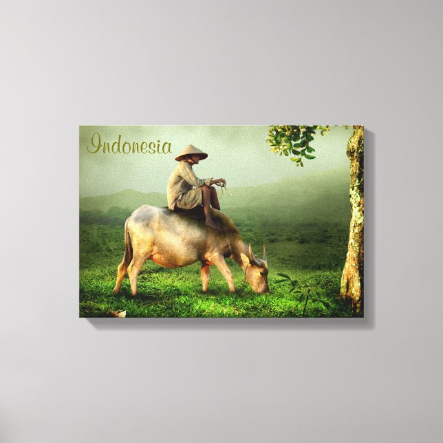 Toile Indonesia Scenic landscape with Buffalo and Farmer (Recto)
