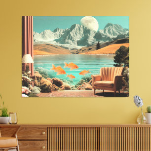 Toile Intérieur surréaliste avec poissons et paysage au 