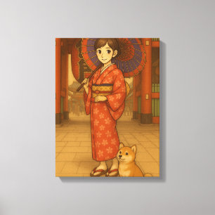 Toile Japan Stroll - Kimono Girl and Shiba dog Art Print