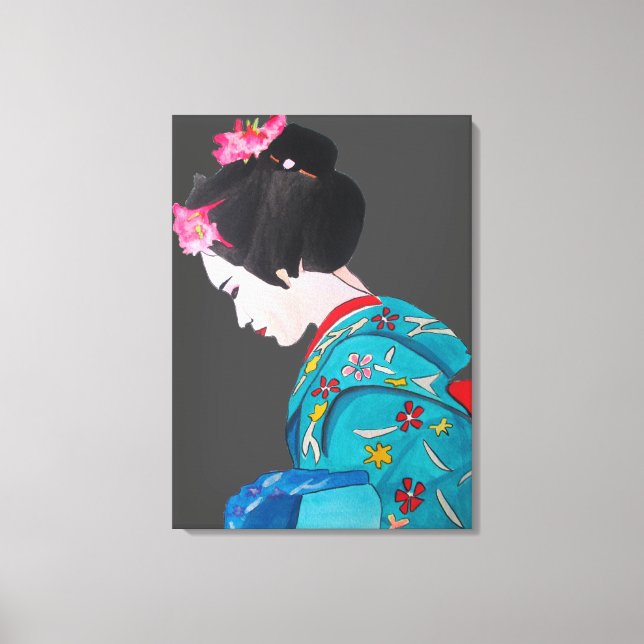 Toile Japonaise Geisha dame avec fleurs de cerise fine a (Recto)