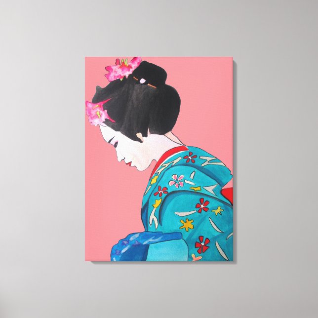 Toile Japonaise Geisha dame avec fleurs de cerise fine a (Recto)
