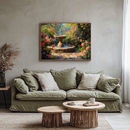 Toile Jardin avec Roses fleuris et fontaine d'eau