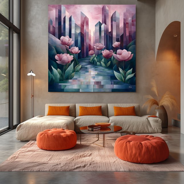 Toile Jardin urbain Abstrait avec tours géométriques et  (Créateur téléchargé)