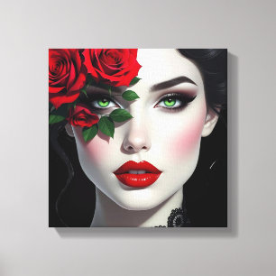 Toile Je t'aime   Belle femme avec rose rouge