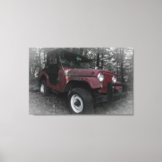 Toile Jeep rouge avec Arrière - plan noir et blanc (Recto)