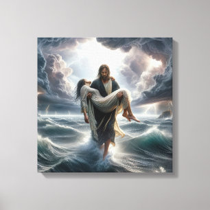 Toile Jésus sauve une jeune femme dans une tempête