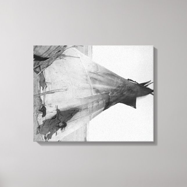 Toile Jeune Indienne Oglala avec chiot devant Tipi (Recto)