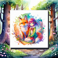 Jolie aquarelle Anime Girl et Fox