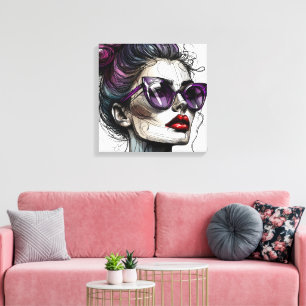 Toile Jolie femme avec lunettes de soleil et rouge à lèv