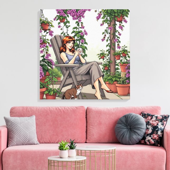Toile Jolie femme buvant du café, son chien et Plantes (Insitu(Salon))