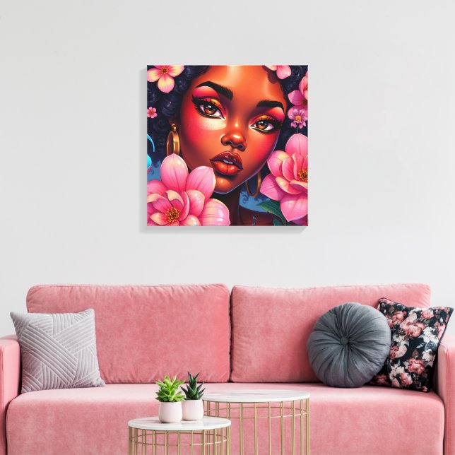 Toile Jolie femme de couleur aux fleurs roses (Insitu(Salon))