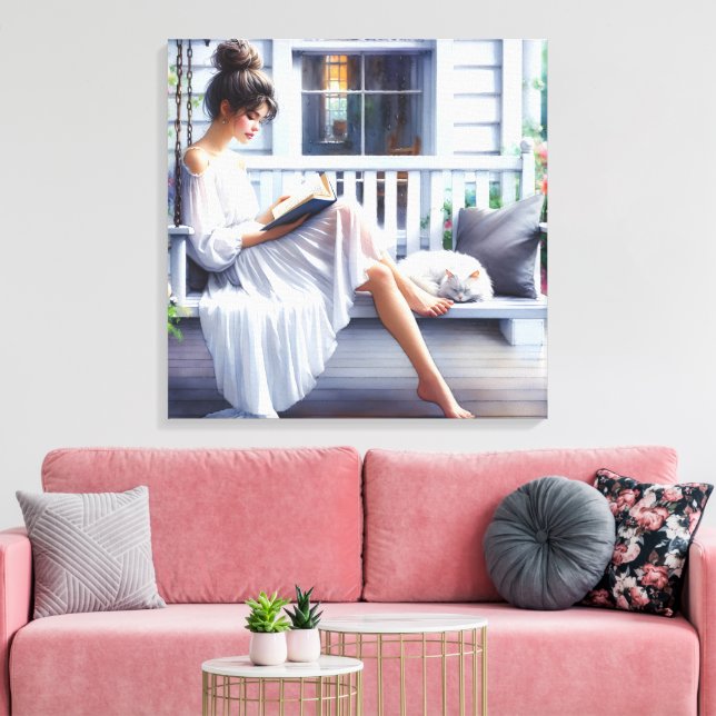 Toile Jolie femme sur un porche couchant avec chat (Insitu(Salon))