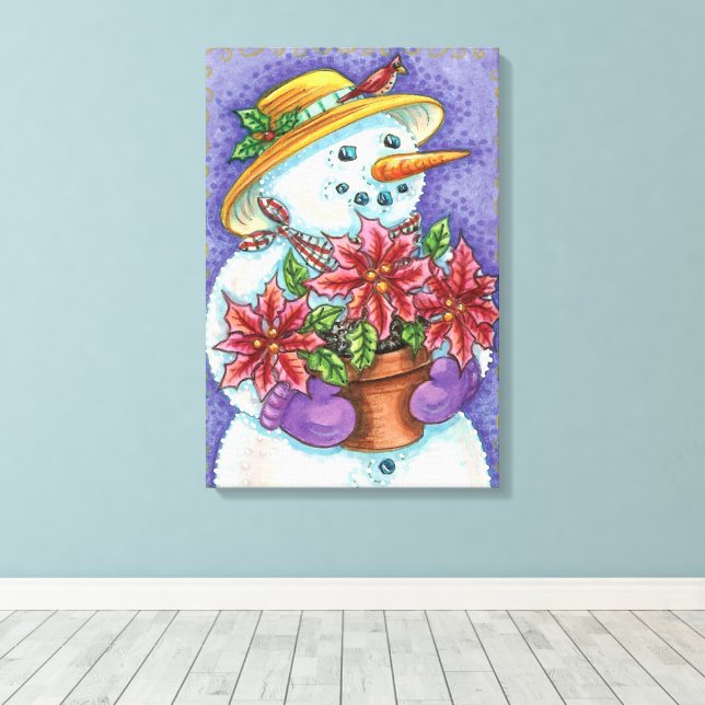 Toile Jolie fille de Noël Snowman avec Poinsettia (Insitu (Plancher de Bois))
