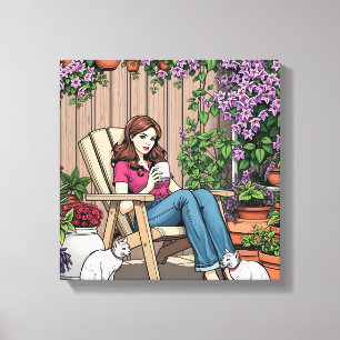 Toile Jour de détente   Femmes avec café, chats et Plant
