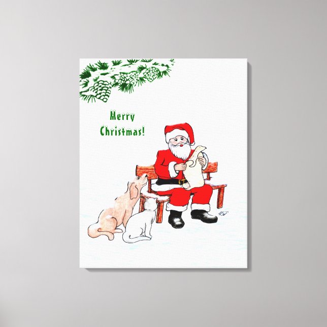 Toile Joyeux Noël! Père Noël avec chat et chien (Recto)