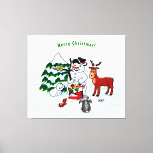 Toile Joyeux Noël ! Snowman avec amis