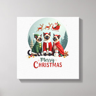 Toile Joyeux Noël Trois Santa Elfe Renne Siamois C