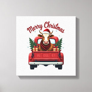 Toile Joyeux Noël Vintage Vache Highland Camion Rouge Ho