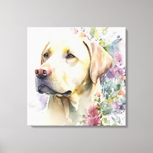 Toile Labrador Retriever Golden et Fleurs à l'aquarelle