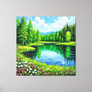 Toile Lac dans un paysage forestier luxuriant fleuri de
