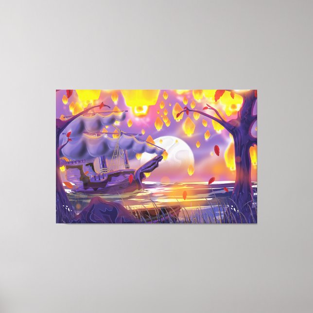 Toile Lanternes chinoises au bord d'une rivière lune (Recto)
