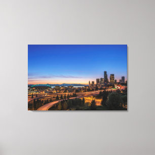Toile L'autoroute I-5 et le centre de Seattle au crépusc