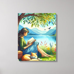 Toile Lecture d'un livre sous un arbre avec un chat endo