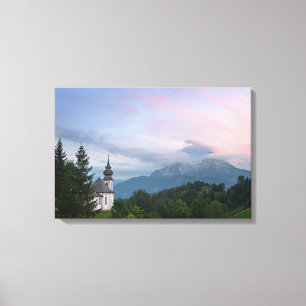 Toile L'église avec les Alpes au coucher du soleil