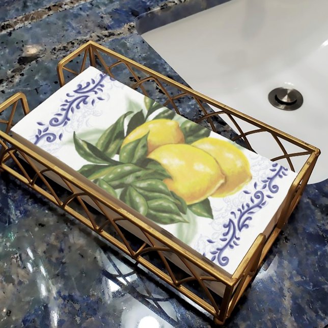 Toile Lemons Napkin (White Guest Napkins with Lemons and a Blue Toile Border in a gold napkin holder)