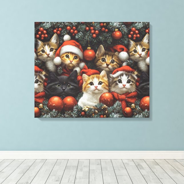 Toile Les chats mignons fêtent les vacances avec l'arbre (Insitu (Plancher de Bois))