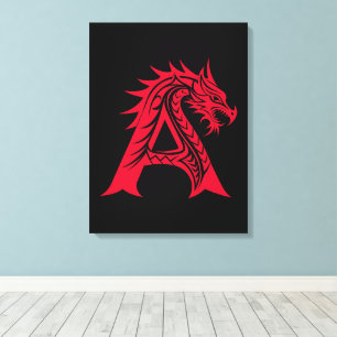 Toile Lettre A de style dragon, Alphabet Dragon, Monogra