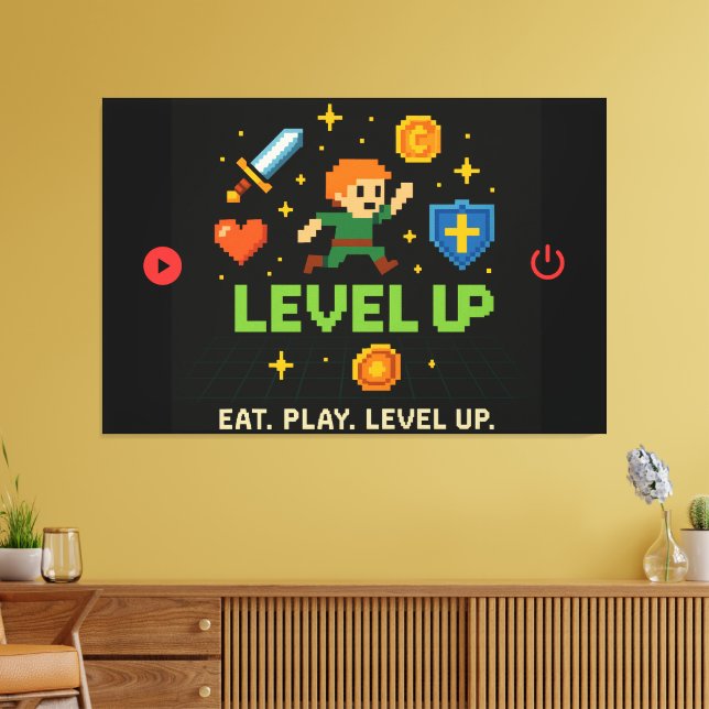 Toile Level Up Gamer Canvas – Pixel Retro Wall Art (Insitu(Salon))
