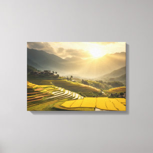 Toile Lever de soleil doré sur les champs de riz luxuria