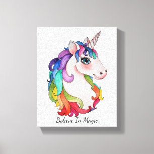Toile Licorne d'aquarelle avec des cheveux d'arc-en-ciel