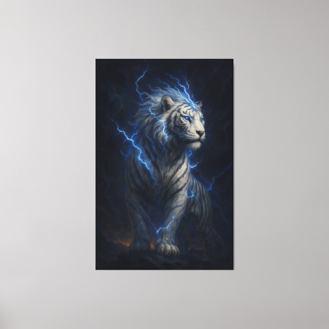 Toile Lightning White Tiger – Electric Storm Fantasy Art (Recto)