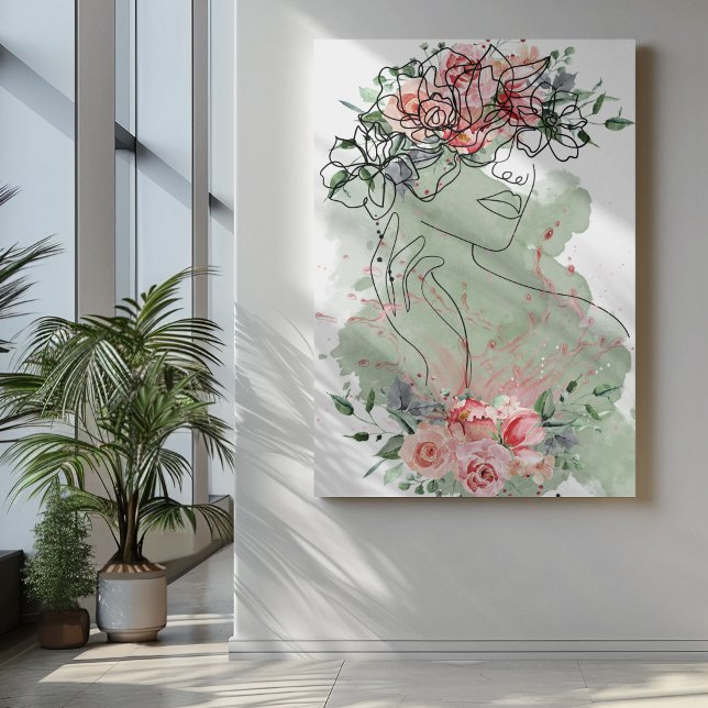 Toile Ligne art femme avec fleurs rose éclat d'eau (Créateur téléchargé)